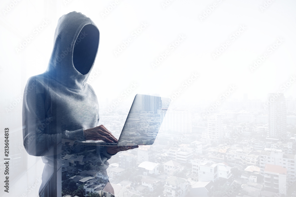 Poster no face hacker with laptop