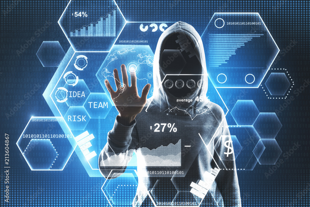 Poster hacker and blockchain screen