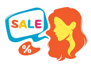 Naklejka premium Vector flat style design of a woman face with speech bubble. Design of icon for website and print. Concept for season sales and advertising. Colorful template's elements for flyer and offer