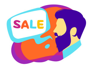 Vector flat style design of a hipster man face with beard and mustache. Icon design of man's face silhouette with sale sign. Colorful concept for website, advertising flyer and offer