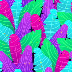 Vector seamless pattern with tropical plants and leaves. Design of a floral banner for website and print. Concept for season sales and advertising. Colorful template for flyer and greeting card