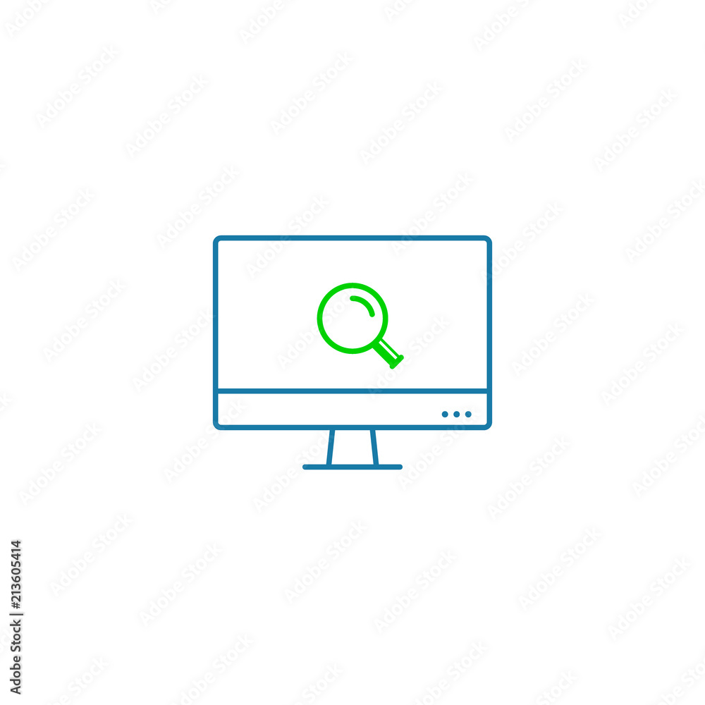 Poster computer monitor with magnifying glass search symbol line icon. computer with magnifier. web search 