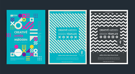 Set of Flyer templates with geometric shapes and patterns, 80s memphis geometric style. Vector illustrations.