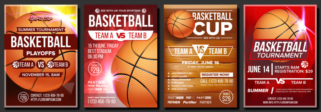 Basketball Poster Set Vector. Design For Sports Bar Promotion. Basketball Ball. Tournament. Sport Event Announcement. Banner Advertising. Game Flyer, Leaflet Template Illustration