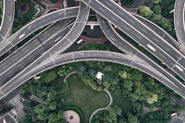 Aerial view of highway and overpass in city