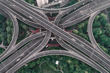 Aerial view of highway and overpass in city