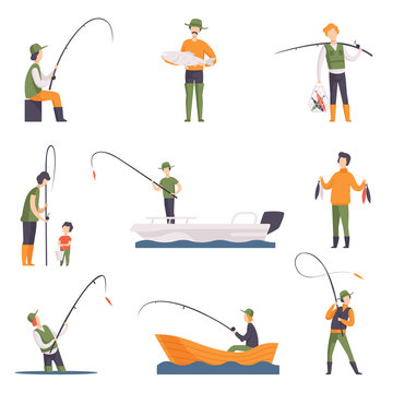 Flat vector set of fishing people with fish and equipment. Fishermen in boats with fishing rods. Outdoor activity