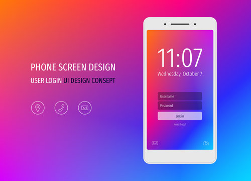 Mobile phone screen UI design mockup with abstract purple, blue gradient design and vector flat icons. Login application interface with login form window.  Clean flat web icon set with frames. 
