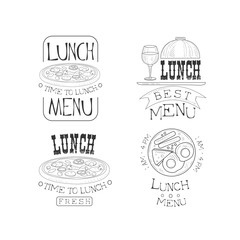 Vector set of hand drawn lunch logos. Fresh and tasty food. Monochrome emblems with delicious pizza, fried eggs with sausages