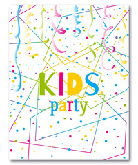 Kids party invitation. Design template with confetti and serpentine on colorful polygonal background. Vector illustration 