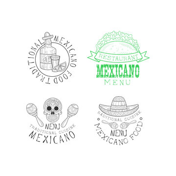 Set of original emblems for Mexican restaurant. Hand drawn logos with cultural symbols of Mexico. Vector elements for advertising or menu