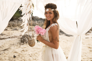 Young and beautiful bride celebrating wedding