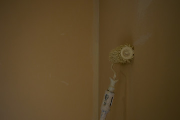 Painting the bedroom of the house in pastel colors. Paint roller leaning on a worn wall ready to...
