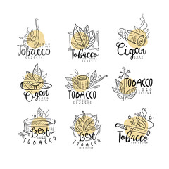 Tobacco logo design set, emblems can be used for smoke shop, gentlemens club and tobacco products hand drawn vector Illustrations