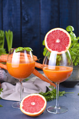 Cutlets from carrots for breakfast. Vegetarian healthy food. Spring vegetables and juices. Grapefruit and basil. Free space for text or a postcard