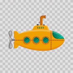 Yellow submarine with periscope on transparent background. Colorful underwater sub in flat style. Childish toy - stock vector illustration