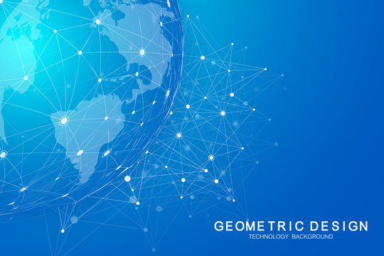 Global international blockchain with World map. Modern future planet space low poly modern future technology finance banking design. Abstract polygonal background with connected lines and dots.