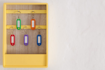 Key holder box with colorful keychains hanging