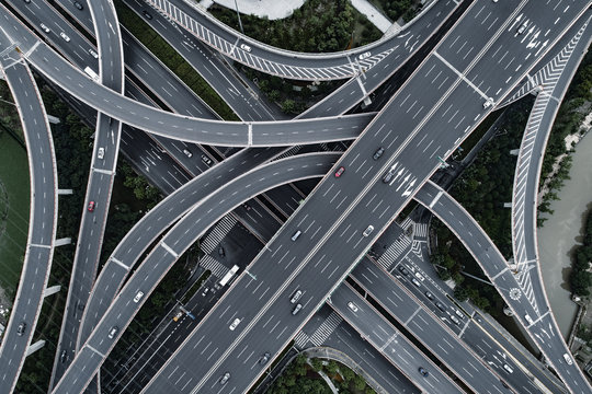 Aerial view of highway and overpass in city