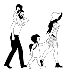 Hipster family strolling isolated on white background. Two children. Boy and Girl. Bearded father and beautiful mother with hat and flower dress.