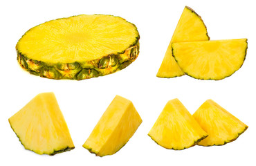 Pineapple collection. Ananas  pieces  isolated on white background. Tropical pineapple chunks  Set.