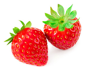 Two strawberries close up isolated  on white background. .