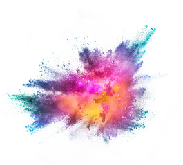 Colored powder explosion on white background.