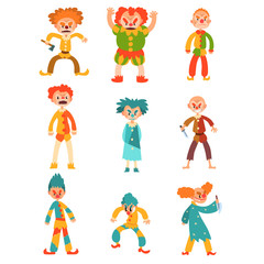 Flat vector set of evil clowns. Scary men in colorful costumes and weapon in hands. Cartoon characters with makeup on faces and crazy hair