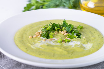 Zucchini Cream soup on white.