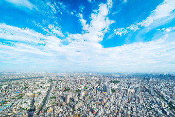 Asia Business concept for real estate and corporate construction - panoramic modern city urban skyline bird eye aerial view under sun & blue sky in Tokyo, Japan