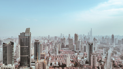 Fototapeta premium Aerial View of business area and cityscape in west Nanjing road, Jing`an district, Shanghai
