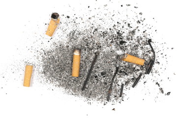 Cigarette stubs, butts, burned matches and ash isolated on white background, top view