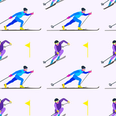 Winter sport game seamless pattern. Skiing sportsmans character in motion. Sporty guy riding on skis. Vector concept in cartoon style can be used for poster, banner, background, wrapping paper