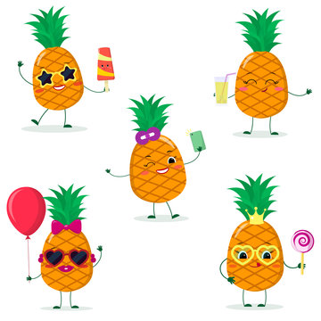 A set of five pineapples Smiley in cartoon style. In glasses with ice cream, with a balloon, with a lollipop, with juice, with a selfie phone. Flat, vector.