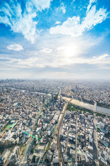 Asia Business concept for real estate and corporate construction - panoramic modern city urban skyline bird eye aerial view under sun & blue sky in Tokyo, Japan