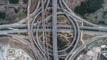 Aerial view of railway, highway and overpass on Luoshan road, Shanghai