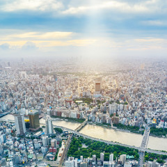 Fototapeta na wymiar Asia Business concept for real estate and corporate construction - panoramic urban city skyline aerial view under twilight sky and golden sun in tokyo, Japan