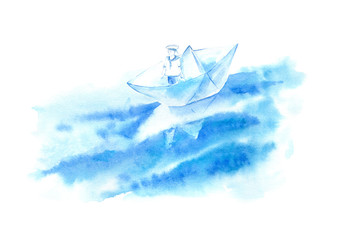Sailor in a boat and waves.Sea sketch.Watercolor hand drawn illustration.White background.