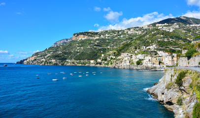 Naklejka na ściany i meble A view of Amalfi Coast, a popular tourist destination in the southern Italy, near the small town of Minori