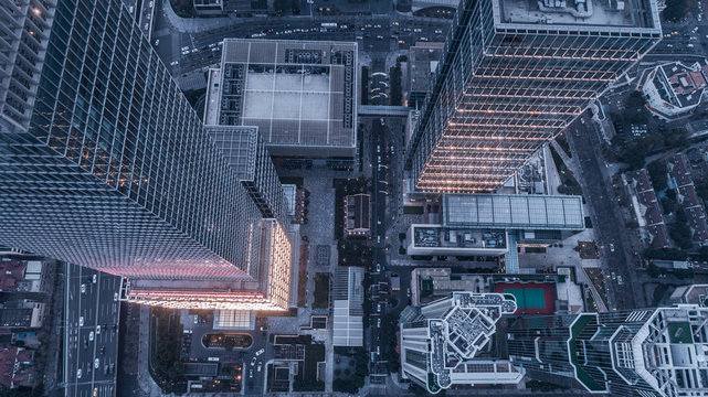 aerial view of business area in Nangjing Rd, Shanghai, China, at dusk