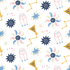 Outer Space childish seamless pattern with stars, comets, cosmic elements