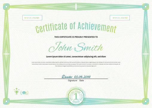 Official light green certificate of a4 format with green guilloche border. Official simple blank