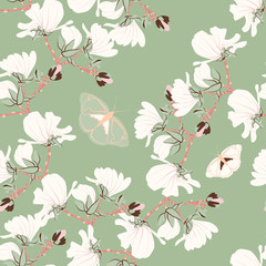 Naklejka premium Magnolias Floral seamless pattern. Oriental botanical blooming Motifs scattered random. Seamless vector texture. Printing with in hand drawn style in mint background.