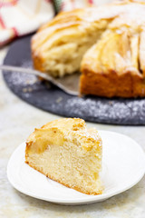 Delicious homemade apple cake with cinnamon. Slate plate served. Marble background Selective focus.