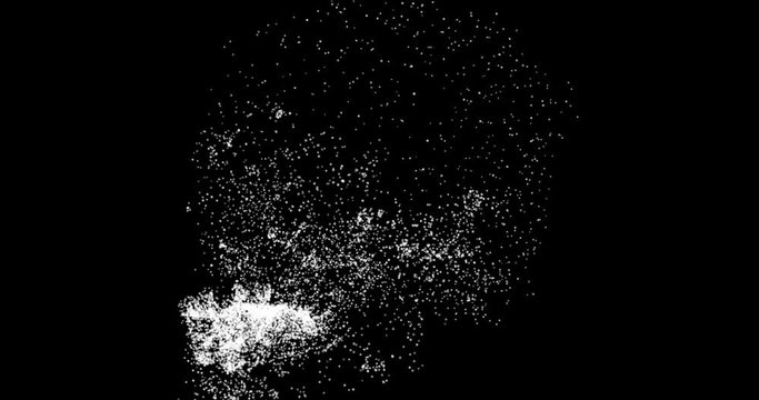 three-dimensional skull composed of a matrix of points in space. Human skull made of points in space that are dispersed and recomposed during the rotation of the skull on a black background