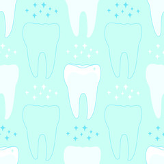 Cute seamless pattern with teeth.  Vector children's dentistry art concept in cartoon flat style. Design illustration can be used for poster, banner, backdrop, background, wrapping paper, wallpaper