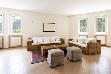 Modern living room with wicker furniture