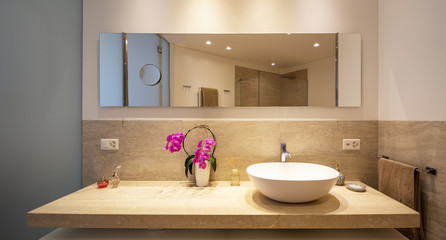 Fototapeta na wymiar Modern bathroom with wood and marble finishes