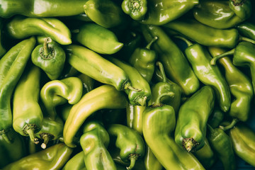 Organic Green Peppers On Local Agricultural Vegetable Market. Autumn
