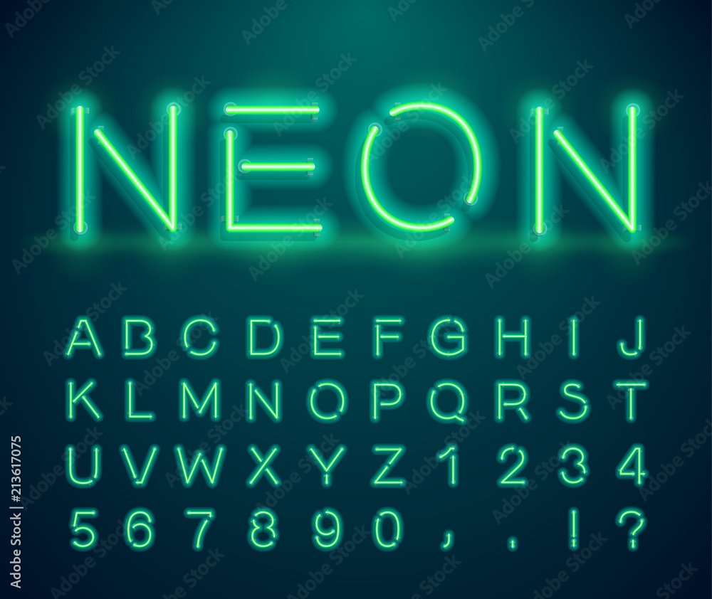 Poster set of letters in neon style. vector font with light effect. set of letters, numbers, text and font.